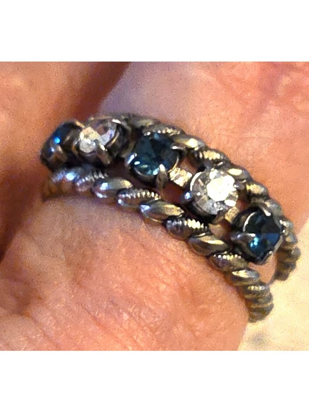 Band Ring Blue and Clear Rhinestones Silver-Tone Adjustable Size 7?